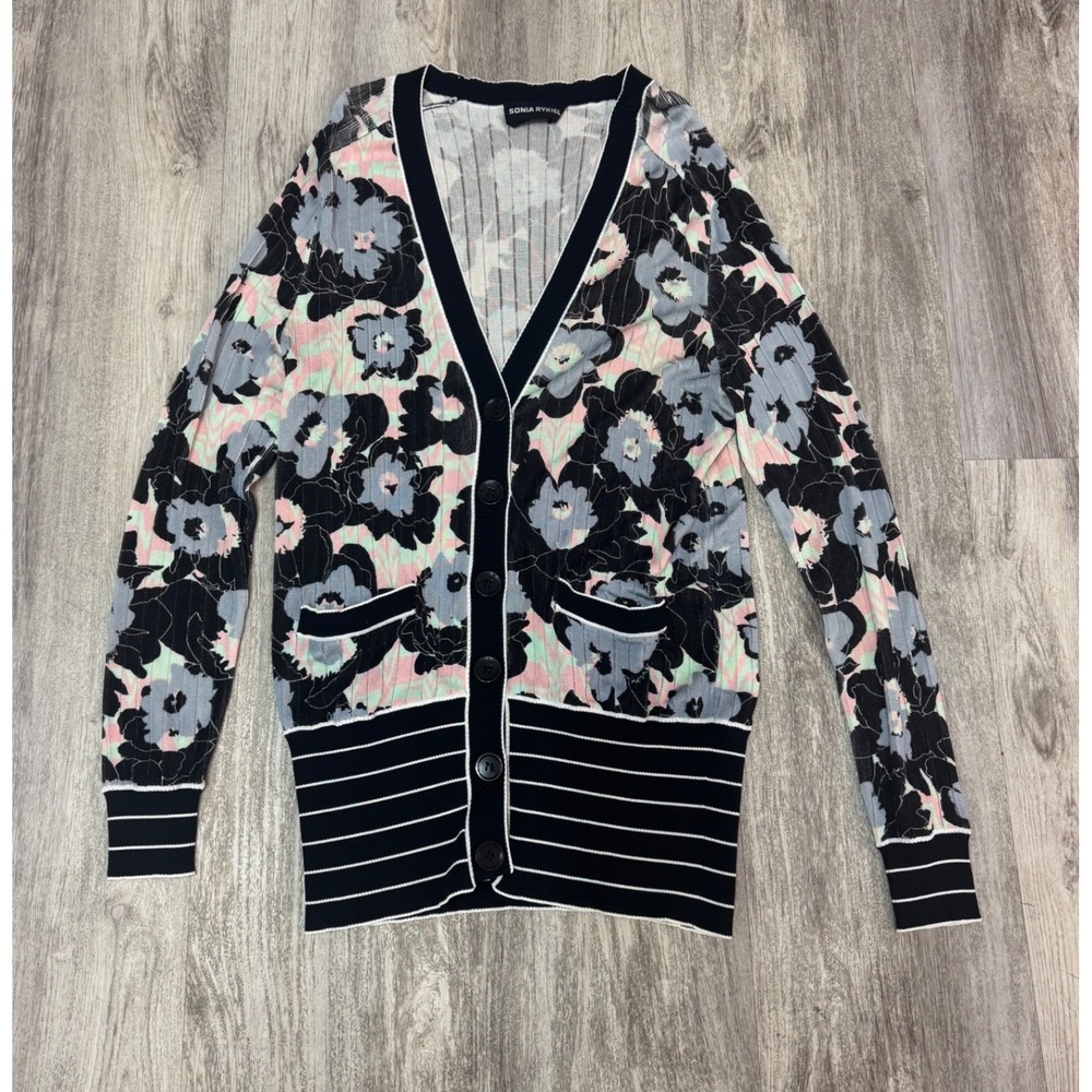 Sonia Rykiel Floral Stripe‎ Knit Cardigan Sweater Medium M Made in Italy Viscose
